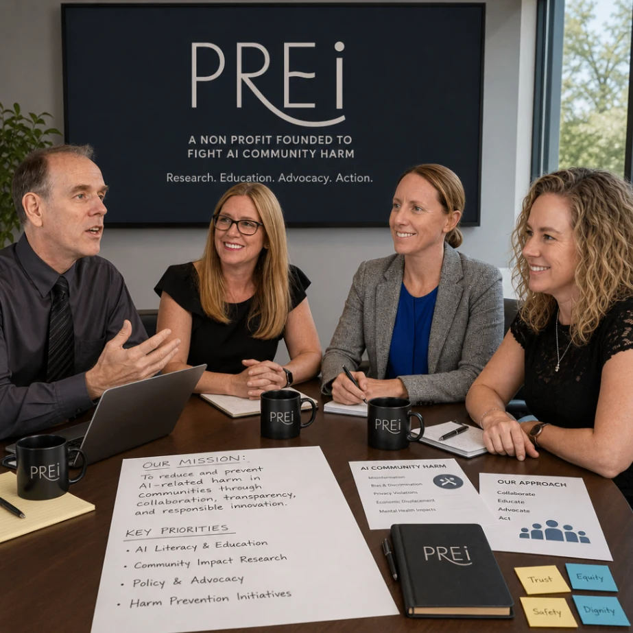PREI team meeting discussing AI community harm, research, education, advocacy, and action