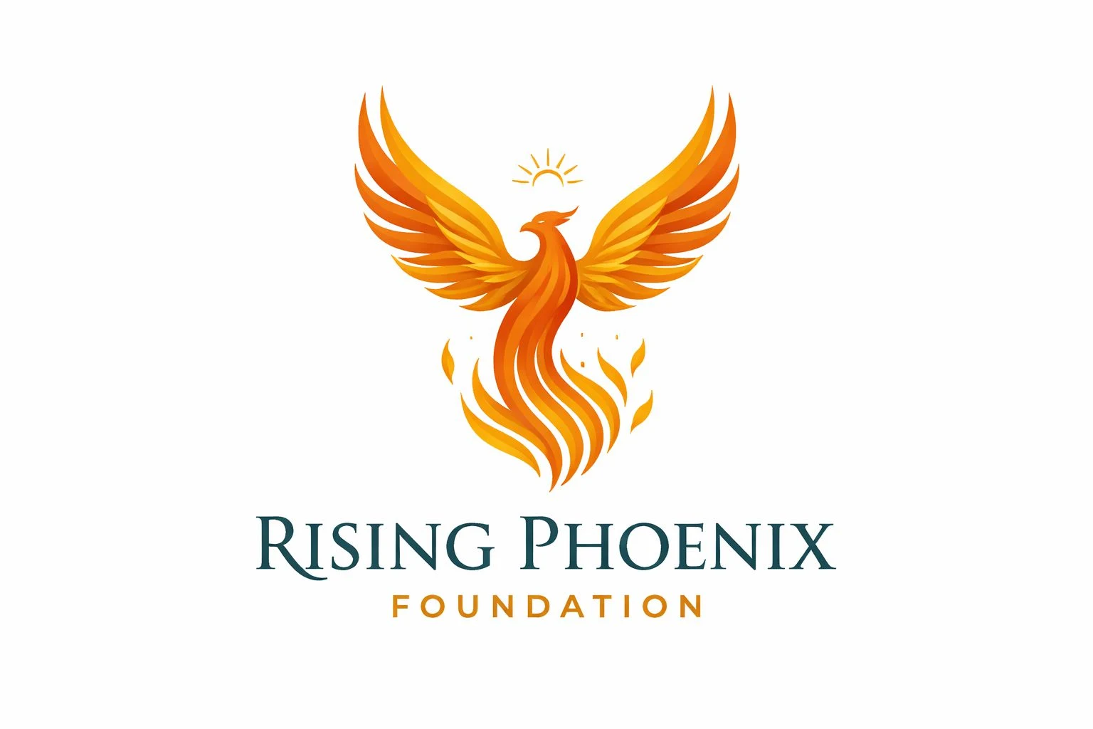 Rising Phoenix Foundation logo, featuring an orange and gold phoenix above the foundation name